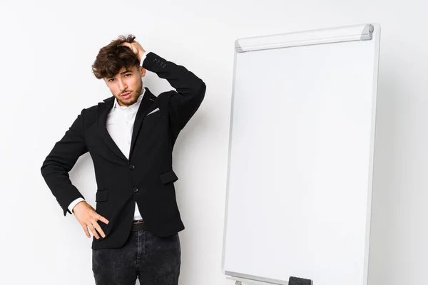 Jovem Empresário Treinando Homem Árabe Cansado Muito Sonolento Mantendo Mão — Fotografia de Stock