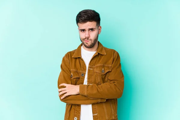 Young Handsome Man Frowning Face Displeasure Keeps Arms Folded — Stock Photo, Image