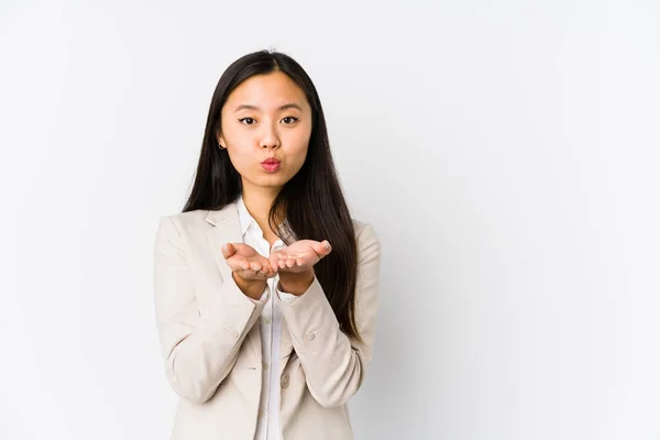 Jonge Business Chinees Vrouw Geïsoleerde Vouwen Lippen Het Vasthouden Van — Stockfoto