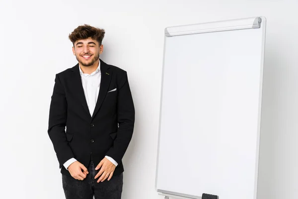 Young Business Coaching Arabian Man Laughs Closes Eyes Feels Relaxed — Stock Photo, Image