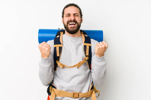 Jonge Backpacker Man Geïsoleerd Een Witte Achtergrond Juichen Zorgeloos Opgewonden — Stockfoto