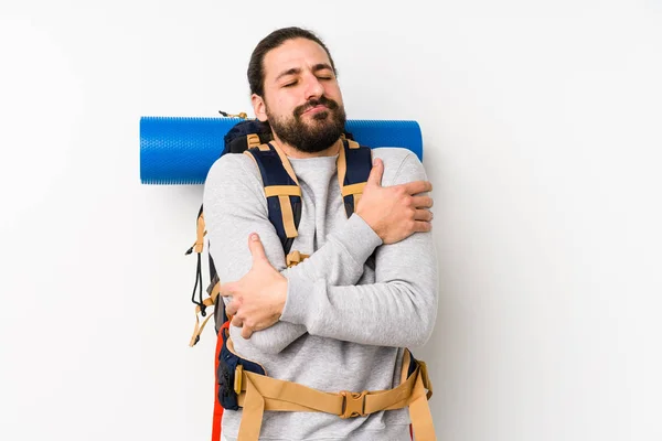 Jovem Mochileiro Homem Isolado Fundo Branco Abraços Sorrindo Despreocupado Feliz — Fotografia de Stock