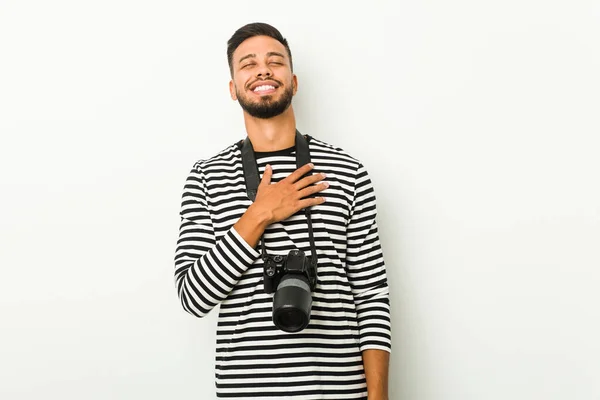 Young South Asian Photographer Laughs Out Loudly Keeping Hand Chest — Stock Photo, Image