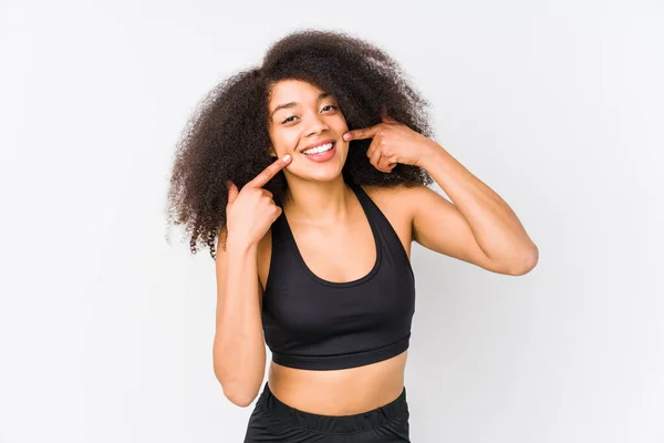 Young African American Sporty Woman Smiles Pointing Fingers Mouth — Stock Photo, Image