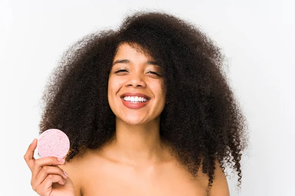 Joven Afro Mujer Sosteniendo Disco Facial Aislado Feliz Sonriente Alegre — Foto de Stock