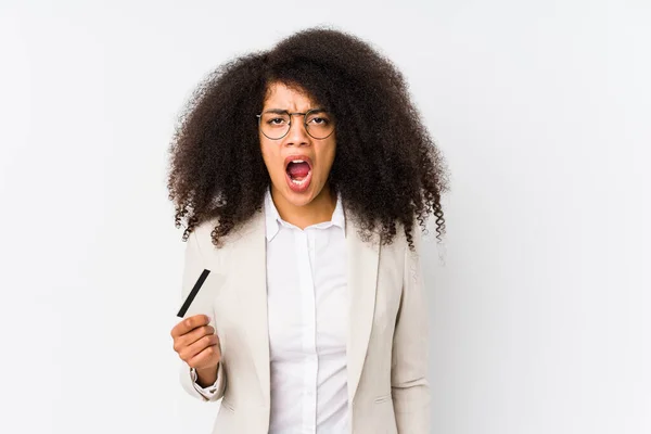 Joven Mujer Negocios Afro Sosteniendo Coche Crédito Aislado Joven Mujer — Foto de Stock