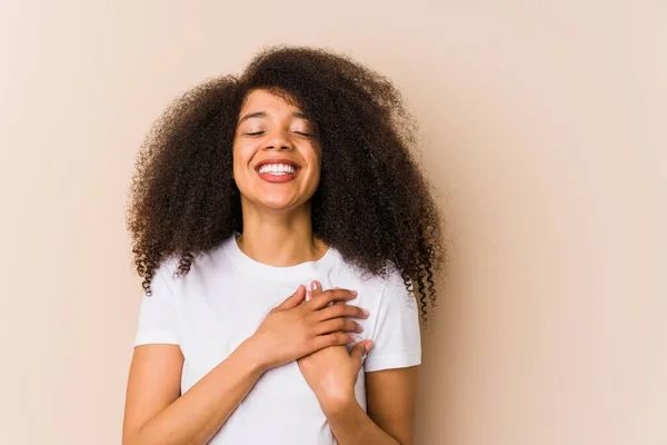 Young African American Woman Laughing Keeping Hands Heart Concept Happiness — Stock Photo, Image