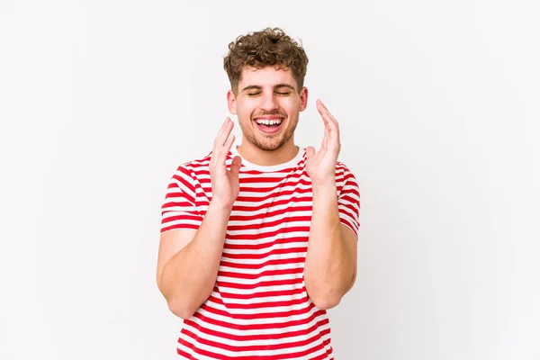 Young Blond Curly Hair Caucasian Man Isolated Joyful Laughing Lot — Stock Photo, Image