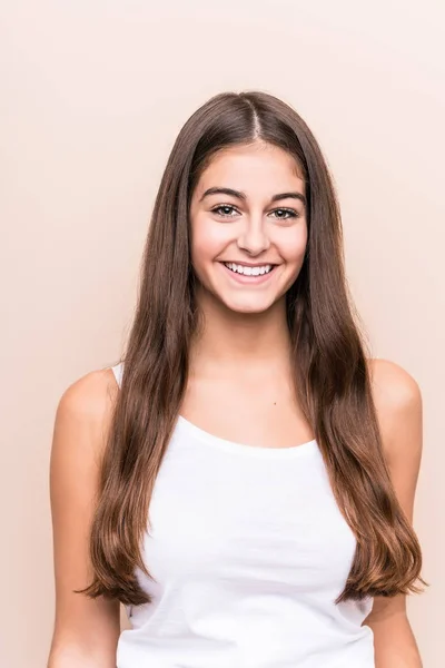Young Cute Caucasian Woman Beige Background — Stock Photo, Image