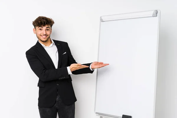 Young Business Coaching Arabian Man Holding Copy Space Palm — Stock Photo, Image