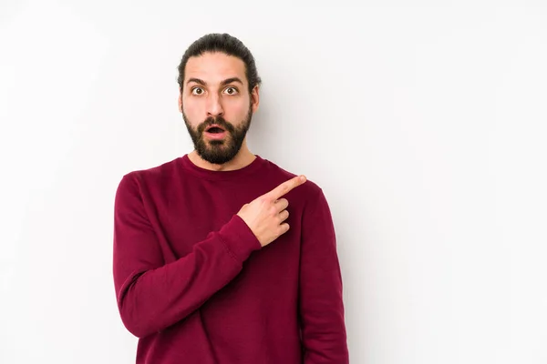 Young Long Hair Man Isolated White Background Pointing Side — Stock Photo, Image