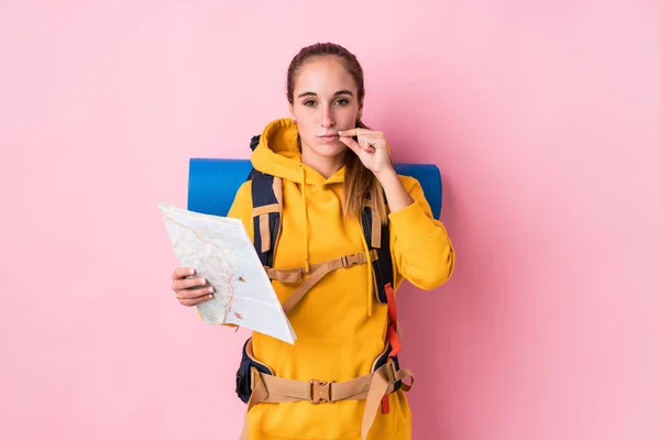 Young Traveler Caucasian Woman Isolated Fingers Lips Keeping Secret — Stock Photo, Image