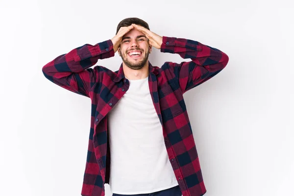 Young Caucasian Man Posing White Background Isolated Laughs Joyfully Keeping — Stock Photo, Image
