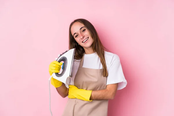 Young Caucasian Woman Clothes Iron Isolated Laughing Having Fun — Stock Photo, Image