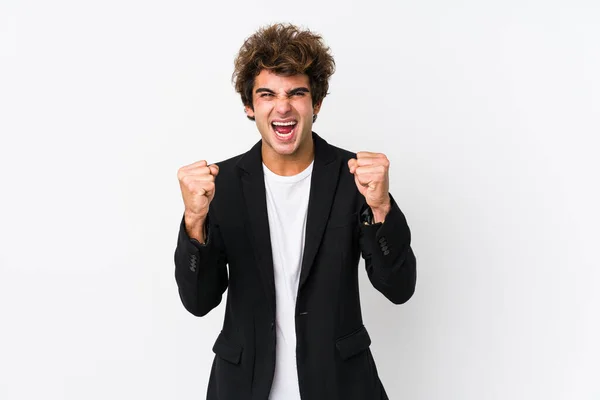 Young Caucasian Business Man White Background Isolated Cheering Carefree Excited — Stock Photo, Image