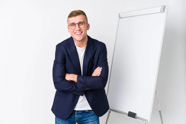 Young Coaching Man Showing White Board Laughing Having Fun — Stock Photo, Image