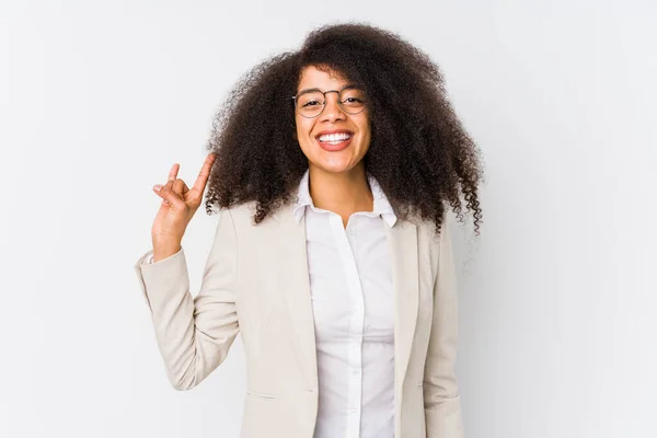 Jonge Afro Amerikaanse Zakenvrouw Die Een Hoorns Gebaar Toont Als — Stockfoto