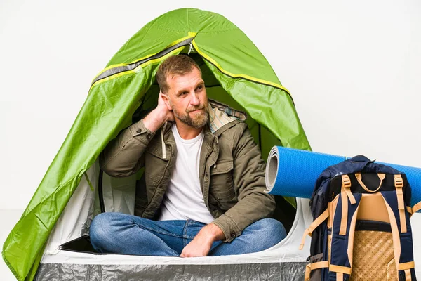 Senior Tent Isolated White Background Touching Back Head Thinking Making — Stock Photo, Image