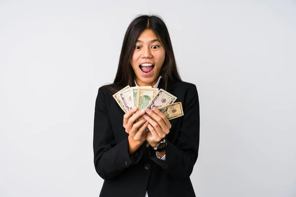 Young Chinese Business Woman Holding Money Isolated — Stock Photo, Image