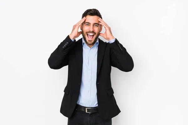 Young Caucasian Business Man White Background Isolated Laughs Joyfully Keeping — Stock Photo, Image