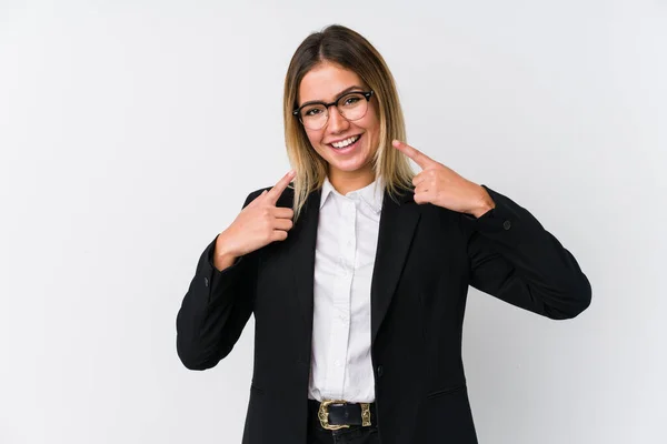 Unga Företag Kaukasiska Kvinna Ler Pekar Finger Munnen — Stockfoto