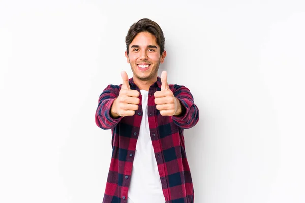 Young Caucasian Man Posing Pink Background Isolated Thumbs Ups Cheers — 스톡 사진