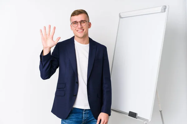 Young Coaching Man Showing White Board Smiling Cheerful Showing Number — Stock Photo, Image