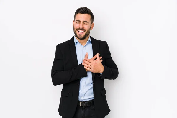 Jonge Blanke Zakenman Tegen Een Witte Achtergrond Geïsoleerd Lachen Houden — Stockfoto