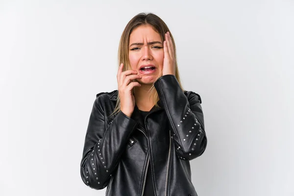 Young Caucasian Woman Wearing Black Leather Jacket Whining Crying Disconsolately — Stock Photo, Image