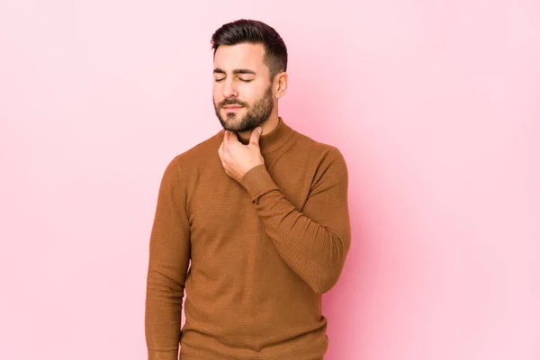 Young Caucasian Man Pink Background Isolated Suffers Pain Throat Due — Stock Photo, Image