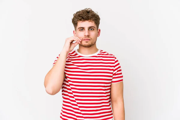 Young Blond Curly Hair Caucasian Man Isolated Fingers Lips Keeping — Stock Photo, Image