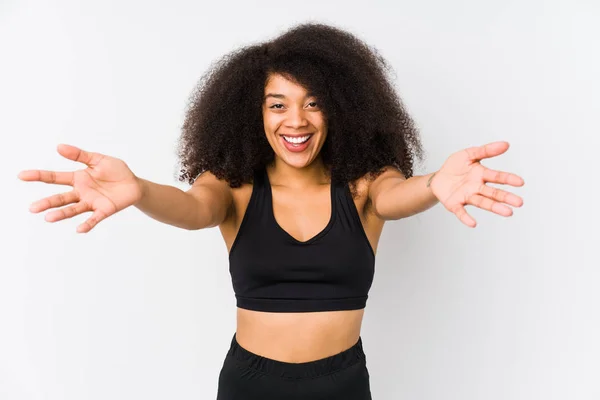 Young African American Sporty Woman Feels Confident Giving Hug Camera — Stock Photo, Image