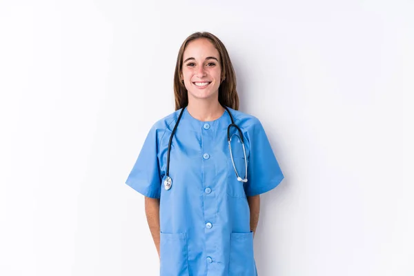 Junge Krankenschwester Isoliert Glücklich Lächelnd Und Fröhlich — Stockfoto