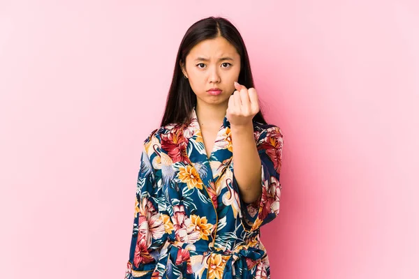 Young Chinese Woman Wearing Kimono Pajama Isolated Showing Fist Camera — Stock Photo, Image