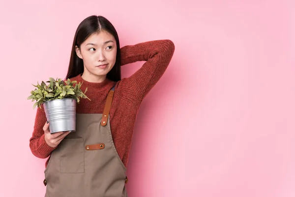 Fiatal Kínai Kertész Kezében Egy Növény Elszigetelt Megható Hátsó Fejét — Stock Fotó