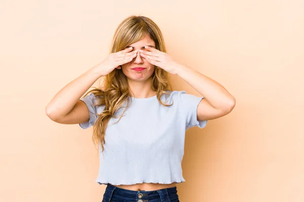 Young Blonde Caucasian Woman Having Head Ache Touching Front Face — Stock Photo, Image