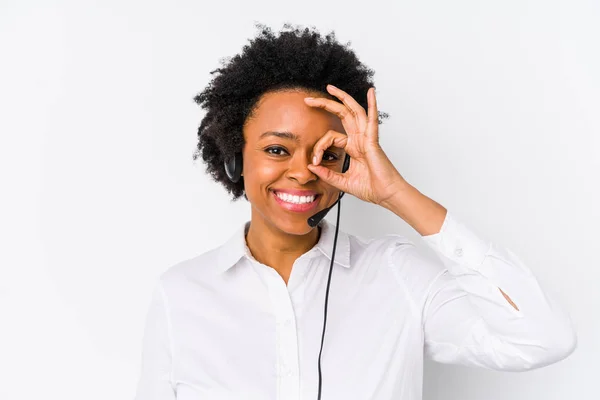 Young African American Telemarketer Woman Isolated Excited Keeping Gesture Eye — Stock Photo, Image