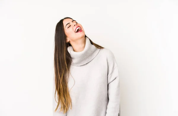 Mujer Joven Caucásica Aislada Sobre Fondo Blanco Relajada Feliz Riendo — Foto de Stock