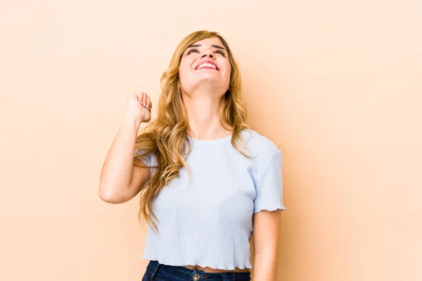 Young Blonde Caucasian Woman Celebrating Victory Passion Enthusiasm Happy Expression — Stock Photo, Image