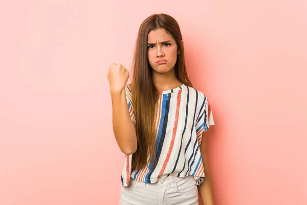 Young Slim Woman Showing Fist Camera Aggressive Facial Expression — Stockfoto