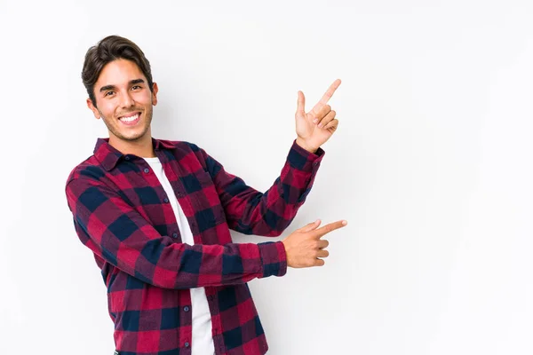 Young Caucasian Man Posing Pink Background Isolated Excited Pointing Forefingers — Stock Photo, Image