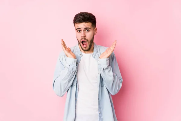 Young Caucasian Business Man Posing White Background Isolated Touching Temples — Stock Photo, Image