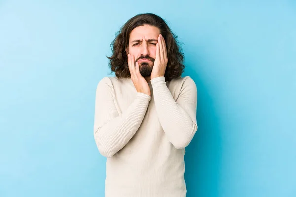 Young Long Hair Man Isolated Blue Background Whining Crying Disconsolately — Stock Photo, Image
