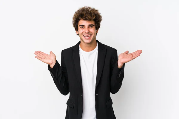 Young Caucasian Business Man White Background Isolated Makes Scale Arms — Stock Photo, Image