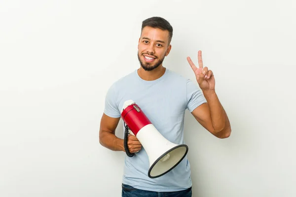 Young Mixed Race Asian Man Holding Megaphone Showing Victory Sign — Stock Photo, Image