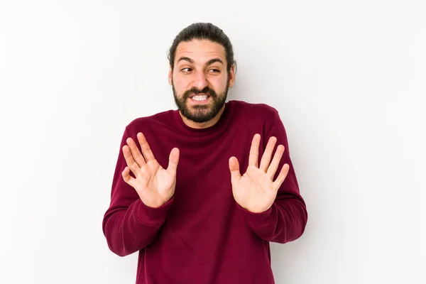 Young Long Hair Man Isolated White Background Rejecting Someone Showing — Stock Photo, Image