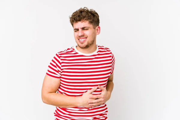 Young Blond Curly Hair Caucasian Man Isolated Having Liver Pain — Stock Photo, Image