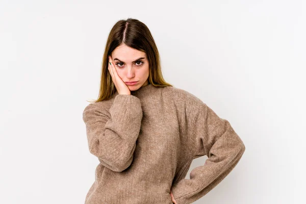 Mujer Caucásica Joven Aislada Sobre Fondo Blanco Que Siente Triste — Foto de Stock