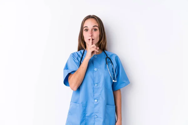 Jovem Enfermeira Isolada Guardando Segredo Pedindo Silêncio — Fotografia de Stock