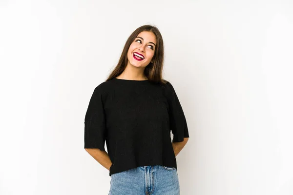 Mujer Joven Caucásica Aislada Sobre Fondo Blanco Relajada Feliz Riendo — Foto de Stock